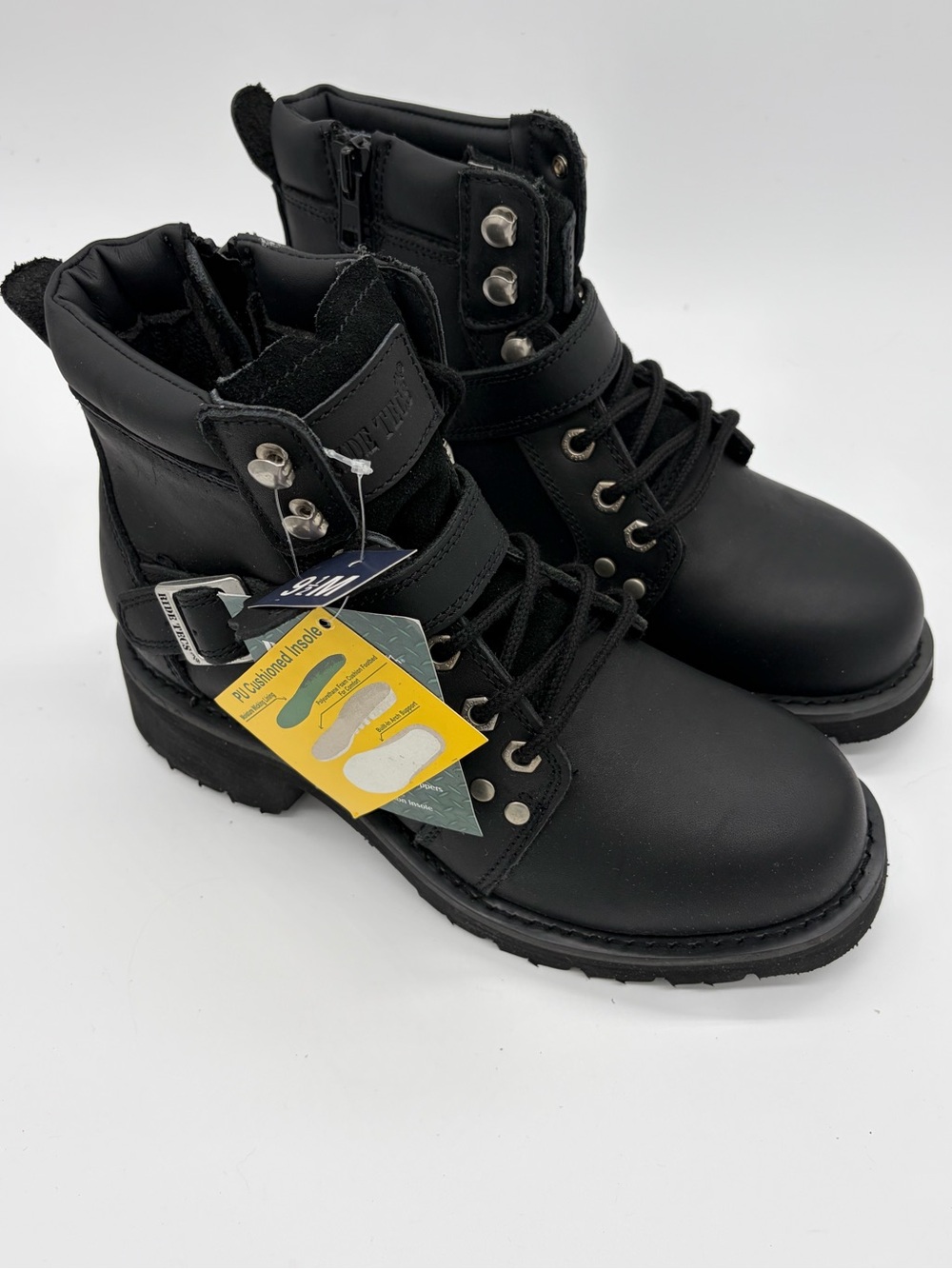 Platform Lace-Up Black Combat Boots with Buckle - Ride Tech